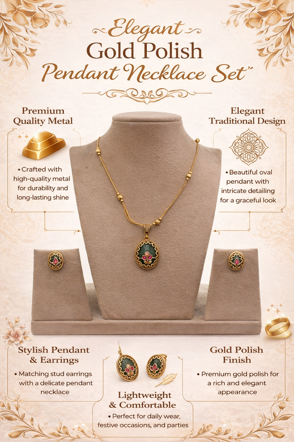 Gold Polish Square Pendant Necklace Set with Stud Earrings for Women