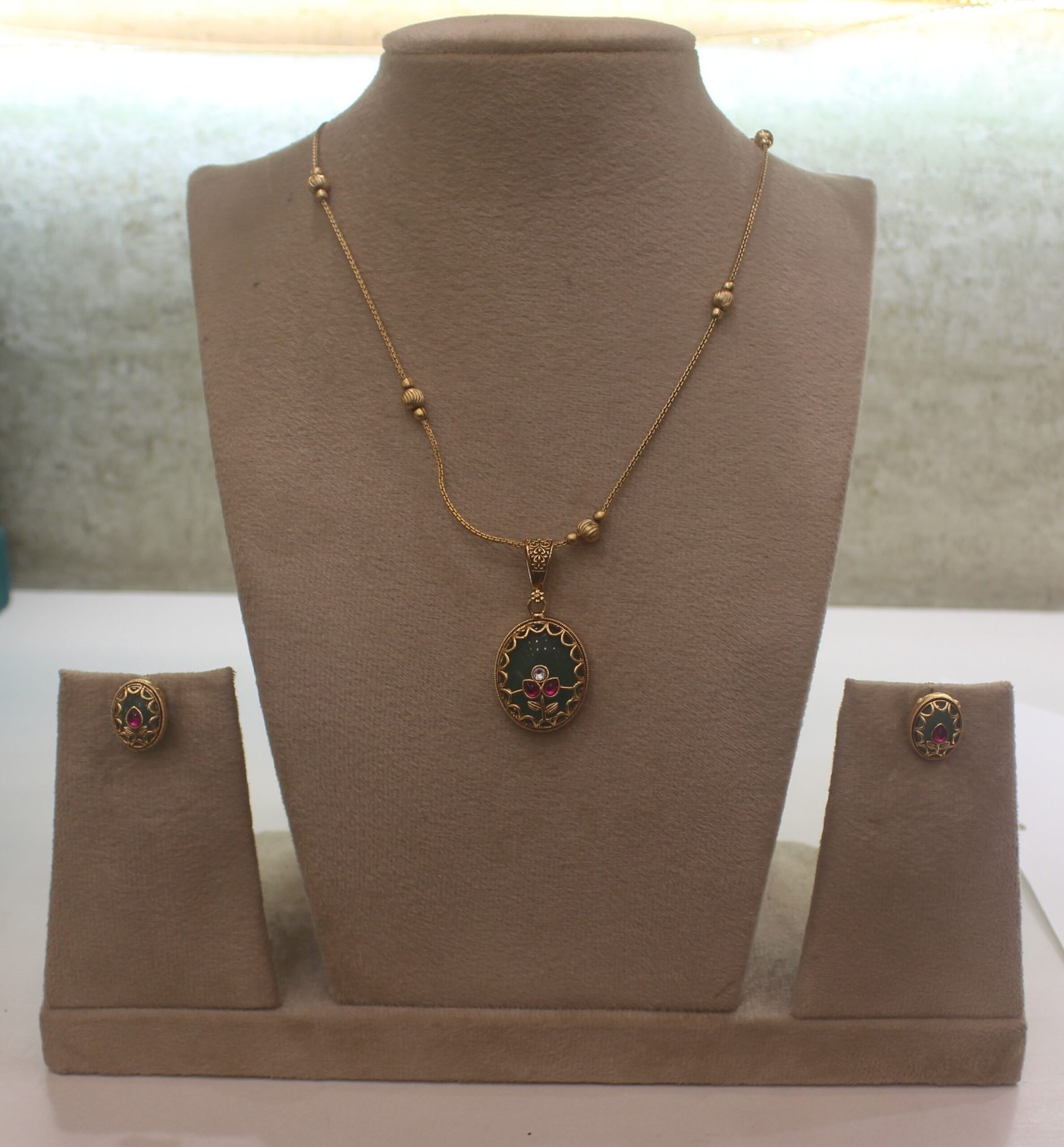 Gold Polish Square Pendant Necklace Set with Stud Earrings for Women